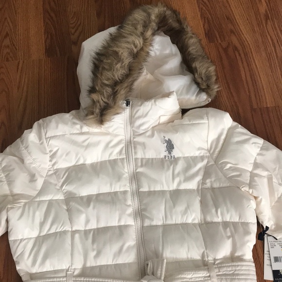 US Polo Assn White Puffer Coat Faux Fur - Picture 2 of 6